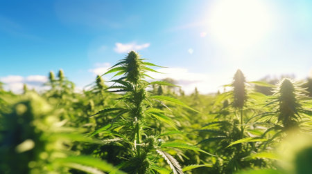 Close up of cannabis sativa plant on a field, sunny day. Industrial medical marijuana concept. Generative AI.の素材