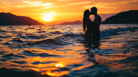 Silhouette of couple kissing in the sea. Sunset. Honeymoon romantic concept. Love story. Generative AI.の素材