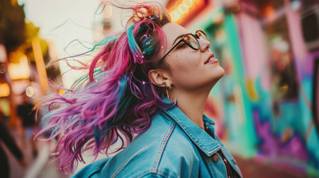 Beautiful happy plus size girl dancing on the street with colorful bright flying hair. Body love concept. Generative AI.の素材