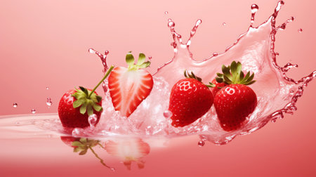 Milk splash with strawberries. Sweet dessert cream. Milkshake concept. Generative AI.の素材