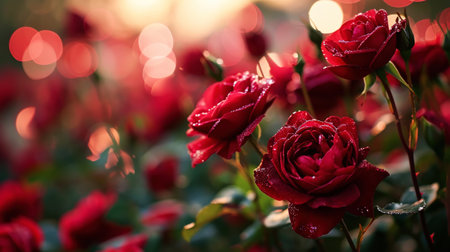 Close up of red roses bouquet on blurred sparkling backdrop. Love romantic concept. Valentine's day. Generative AI.の素材