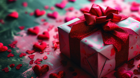 Elegant gift box with red ribbon. Girly pink background with hearts. Romantic gifts concept. Generative AI.の素材