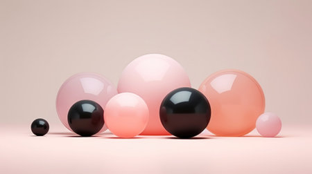 3D black and pink spheres of different sizes and transparency. Pastel color palette. Abstract background. Generative AI.の素材