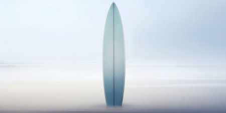 Surf board stand in a white beach sand on a sea coast. White mist, loneliness concept. Generative AI.の素材