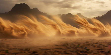 Sandstorm in desert. wind and orange sand clouds. Dunes landscape. Generative AI.の素材