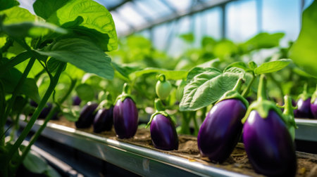 Growing organic eggplants in a greenhouse on the farm. Healthy vegetables concept. Generative AI.の素材