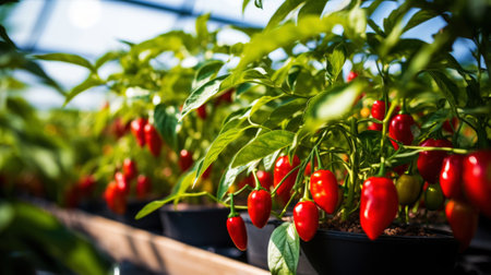 ripe red hot pepper growing on a bush in a greenhouse. Organic agriculture concept. Generative AI.の素材