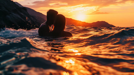 Silhouette of couple kissing in the sea. Sunset. Honeymoon romantic concept. Love story. Generative AI.の素材