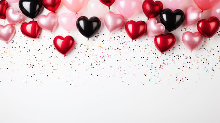 Aesthetic invitation layout with hearts shape balloons. Festive light golden background. Party concept. Generative AI.の素材