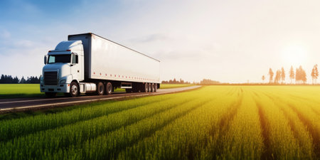 White truck on the road, near a green field. Transport concept with copyspace. Generative AI.の素材
