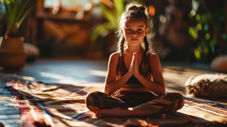 Close up of cute small girl doing yoga. Sport, relax and meditation concept. Healthy childhood. Generative AI.の素材