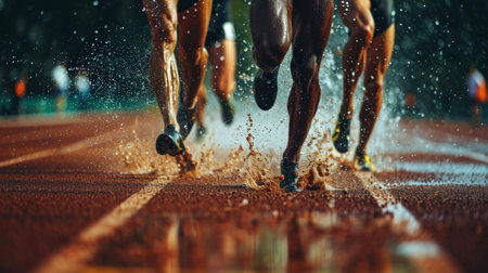 Close-up of strong athletic legs running a marathon. Professional sprinters. Sport concept. Generative AI.の素材