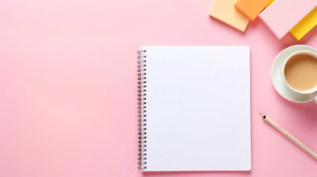 Top view of work desk with notepad, office supplies, flowers and creative clutter. Pink girlish background. Generative AI.の素材