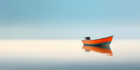 Orange boat in a calm sea waters near a beachline. Calm, tranquil landscape. Generative AI.の素材