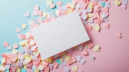 Aesthetic blank paper card mockup with pastel heart-shaped confetti. Luxury greeting card design concept. Generative AI.の素材