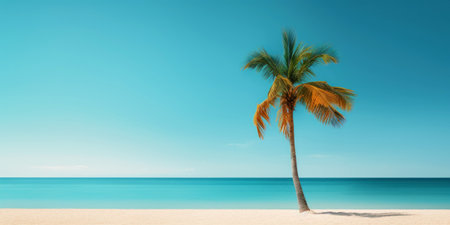 Palm on a sunny tropical sea shore under turquoise sky. Vacation concept. Generative AI.の素材