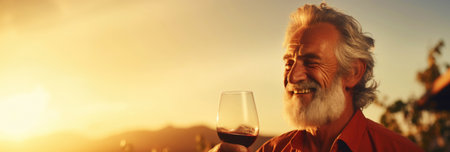 Senior smiling man with a glass of wine, blurred backdrop of vineyard on a sunset. Generative AI.の素材