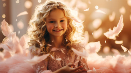 Cute small cupid girl with pink wings. Light pink background with feathers and down. Love romantic concept. Generative AI.の素材