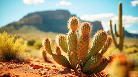 Close-up of different cacti against a desert background. Sweltering heat. Desert landscape. Generative AI.の素材