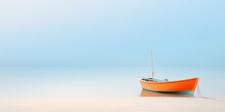 Orange boat in a calm sea waters near a beachline. Calm, tranquil landscape. Generative AI.の素材