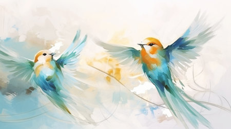 Couple of birds transparent watercolor, pastel color pallet. Luxury background. Generative AI.の素材