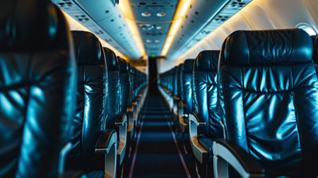 Close-up of a row of leather seats in an airplane cabin. Business trip concept. Generative AI.の素材