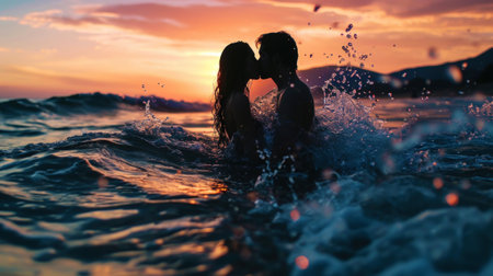 Silhouette of couple kissing in the sea. Sunset. Honeymoon romantic concept. Love story. Generative AI.の素材
