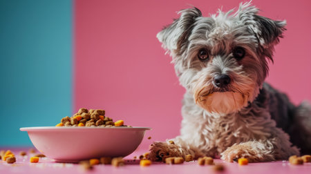 Little cute dog maltipoo feeds from a bowl. Direct look of the dog. Light blue and pink color palette. Generative AI.の素材