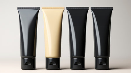 Close up of cream tubes group, product mock-up. Light background. Layout for cosmetics. Copy space. Generative AI.の素材