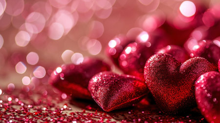 Close up of pink glitter hearts on sparkling background. Copy space. Valentines Day. Romantic Concept. Generative AI.の素材
