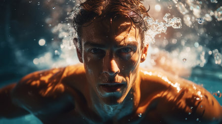 Close up of a swimmer face under the water in a pool. Handsome and strong body. Water sports concept. Generative AI.の素材