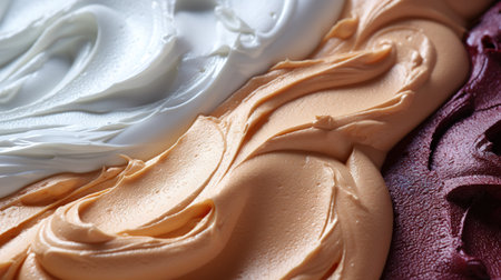 Close-up of texture of creamy ice cream of different flavors, gelato background. Generative AI.の素材