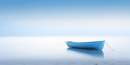 Orange boat in a calm sea waters near a beachline. Calm, tranquil landscape. Generative AI.の素材