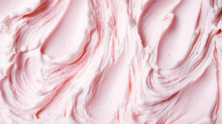 Close-up of ice cream texture. Top view of frozen pink gelato surface. Food background. Generative AI.の素材