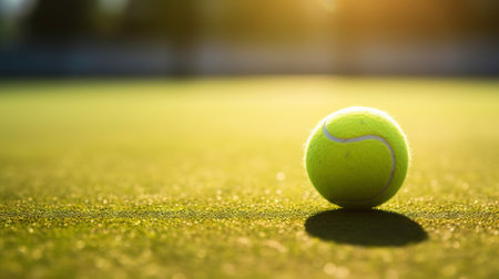 Closeup of tennis ball on empty court. Sunset, sun rays. Concept of a sporty lifestyle. Generative AI.の素材