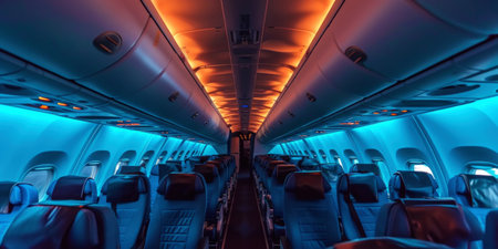 Interior empty cabin of a passenger civil aircraft, illuminated at night. Generative AI.の素材