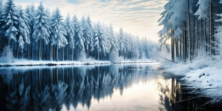 Rows of pines in snow on the lake edge. Serene winter landscape. Generative AI.の素材