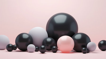 3D black and pink spheres of different sizes and transparency. Pastel color palette. Abstract background. Generative AI.の素材