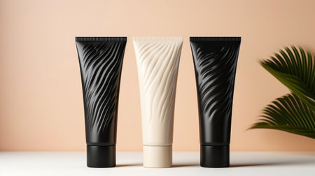 Close up of cream tubes group, product mock-up. Light background. Layout for cosmetics. Copy space. Generative AI.の素材