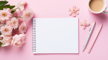 Top view of work desk with notepad, office supplies, flowers and creative clutter. Pink girlish background. Generative AI.の素材