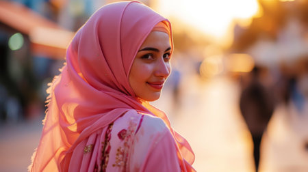 Portrait of young smiling Muslim woman wearing hijab head scarf. Blurred backdrop. Generative AI.の素材