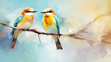 Couple of birds transparent watercolor, pastel color pallet. Luxury background. Generative AI.の素材