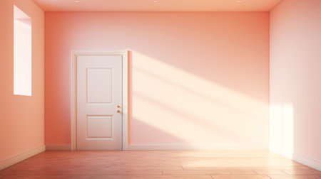 Peach fizz colored interior, empty room with door, lots of sunlight. Minimalistic contemporary concept. Generative AI.の素材
