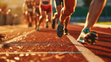 Close-up of strong athletic legs running a marathon. Professional sprinters. Sport concept. Generative AI.の素材