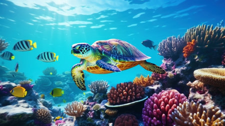 Underwater view of a colorful sea coral reef with fishes and turtle. Ocean ecosystem. Generative AI.の素材