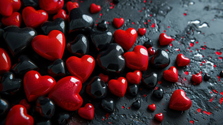 Red and black aesthetic heart figures on dark backdrop. Romantic love background. Valentine's Day concept. Generative AI.の素材