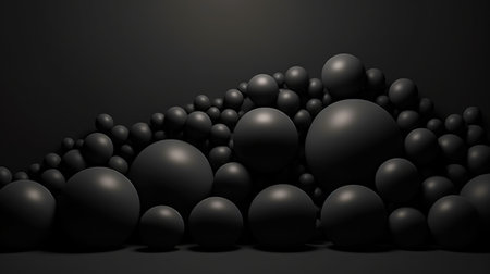 3D black matte spheres of different sizes and transparency. Dark color palette. Abstract background. Generative AI.の素材