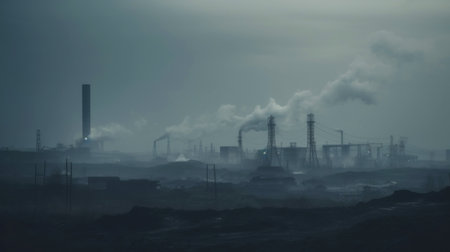 Coal mining industrial landscape. Heavy pollution, smoke, dust, ruined ecosystem. Generative AI.の素材