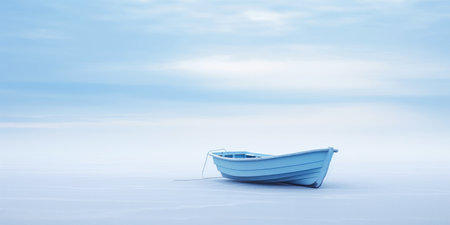 Orange boat in a calm sea waters near a beachline. Calm, tranquil landscape. Generative AI.の素材
