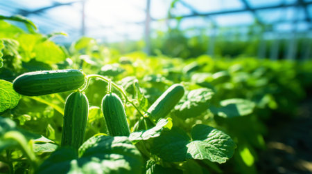 Growing organic cucumbers in a greenhouse on the farm. Healthy vegetables concept. Generative AI.の素材